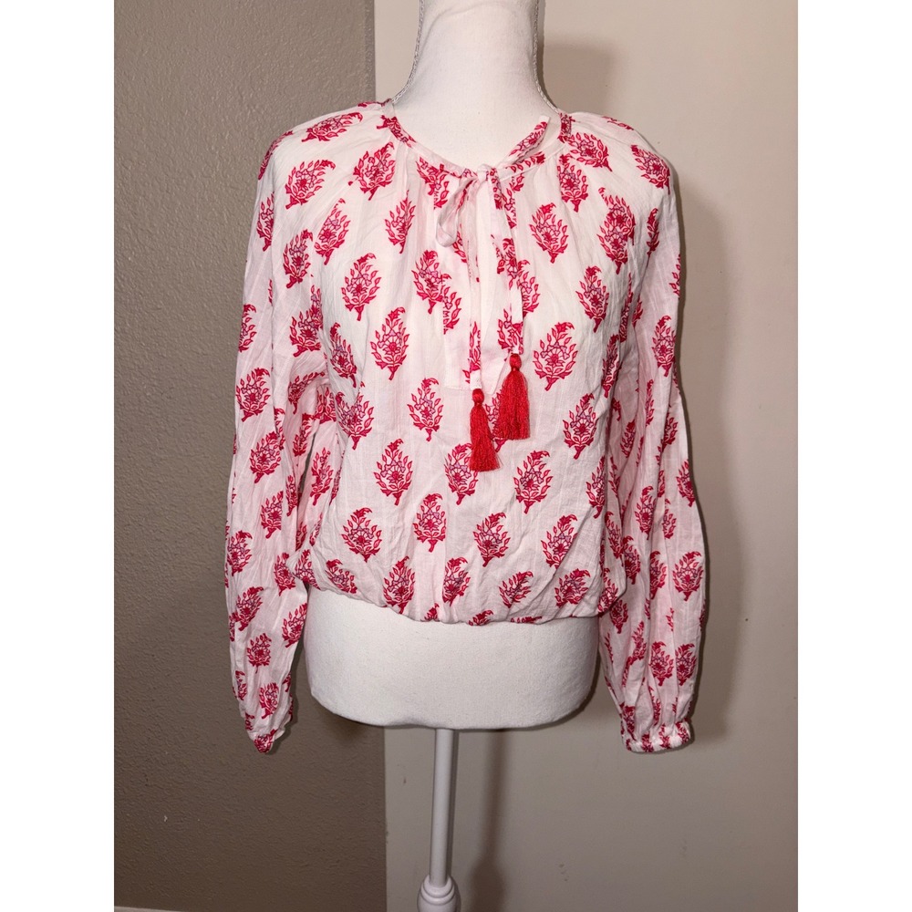 Roller Rabbit Target Pink Floral Block Print Tassel Tie Blouse XS NEW